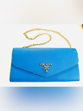 Vintage Prada Bright Blue Saffiano Envelope Chain Clutch